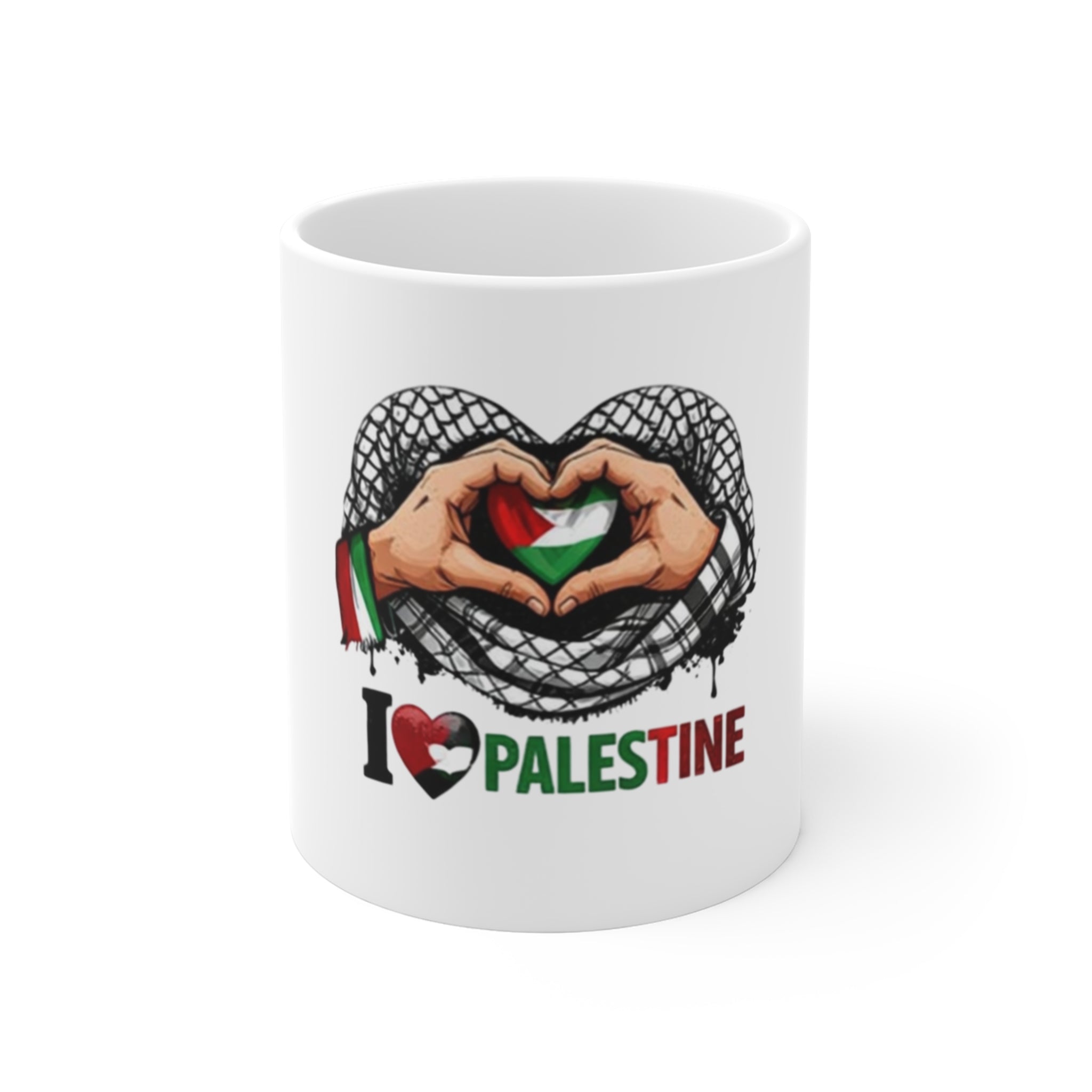 I Love Palestine Mug – 11oz Coffee Cup with Heart Hands & Palestinian Flag Design