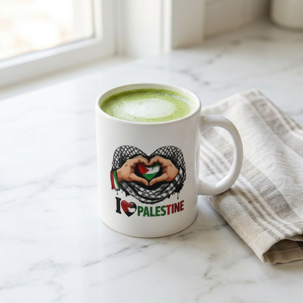 I Love Palestine Mug – 11oz Coffee Cup with Heart Hands & Palestinian Flag Design