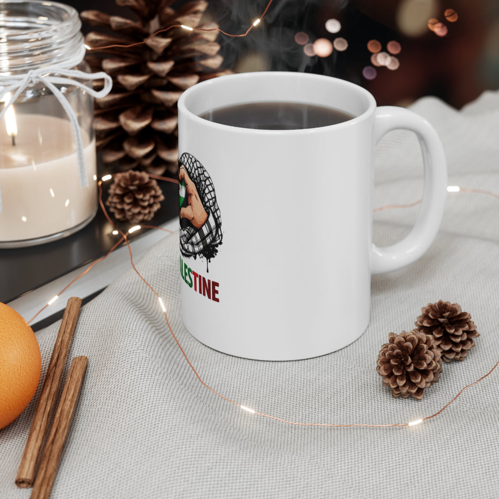 I Love Palestine Mug – 11oz Coffee Cup with Heart Hands & Palestinian Flag Design