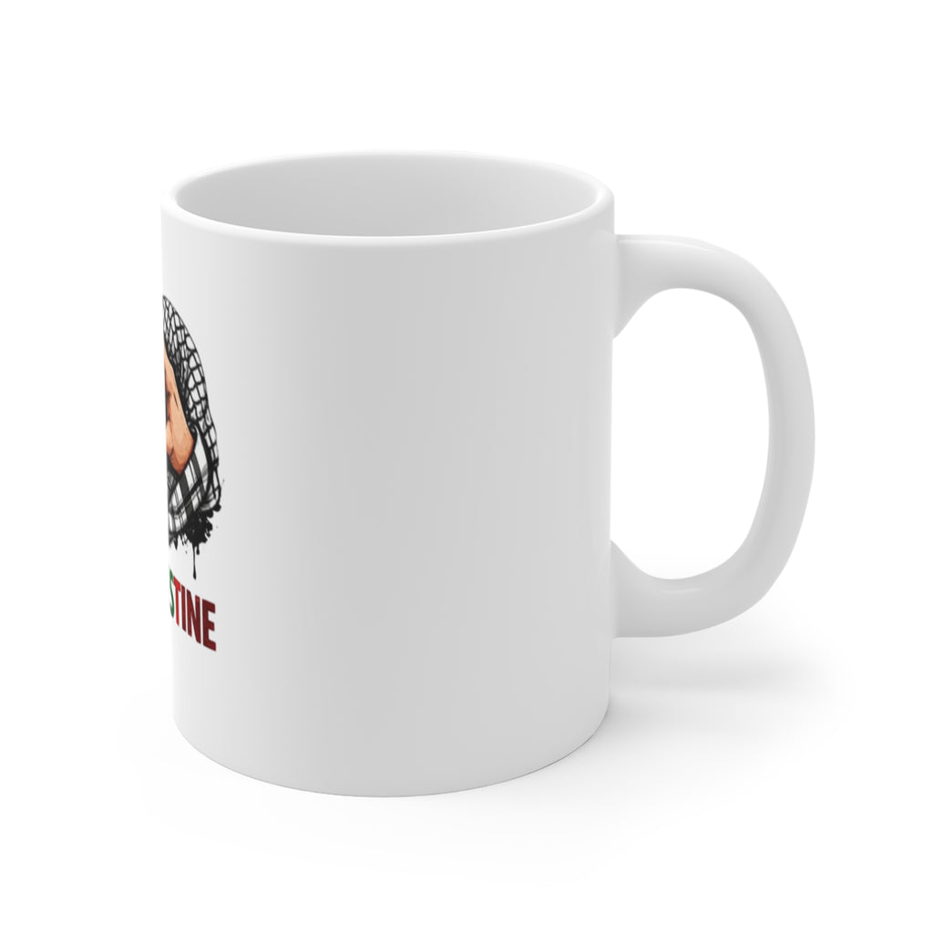 I Love Palestine Mug – 11oz Coffee Cup with Heart Hands & Palestinian Flag Design