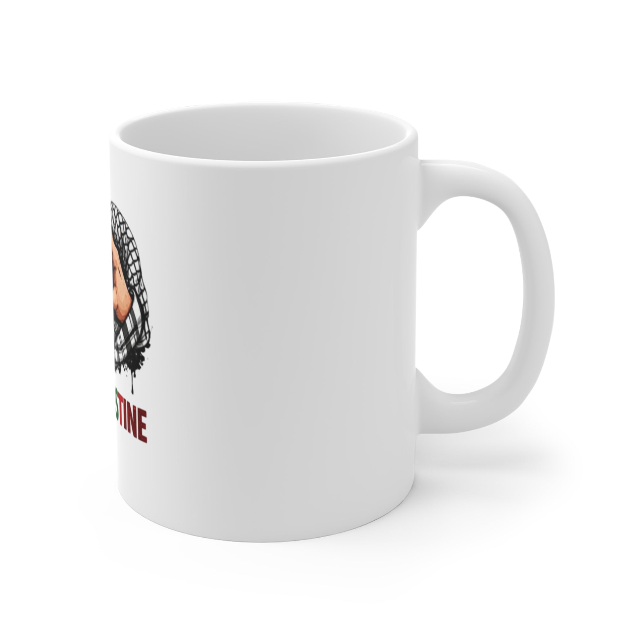 I Love Palestine Mug – 11oz Coffee Cup with Heart Hands & Palestinian Flag Design