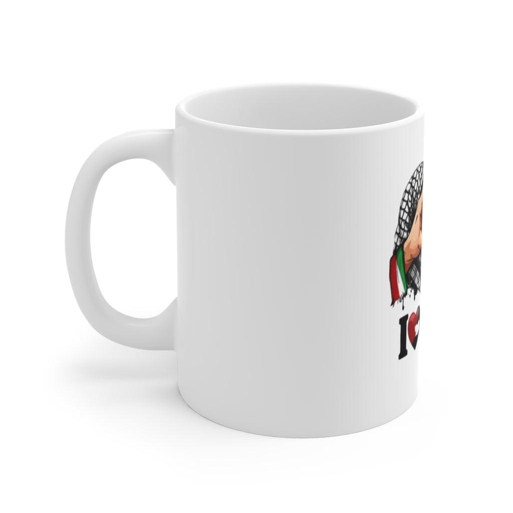 I Love Palestine Mug – 11oz Coffee Cup with Heart Hands & Palestinian Flag Design
