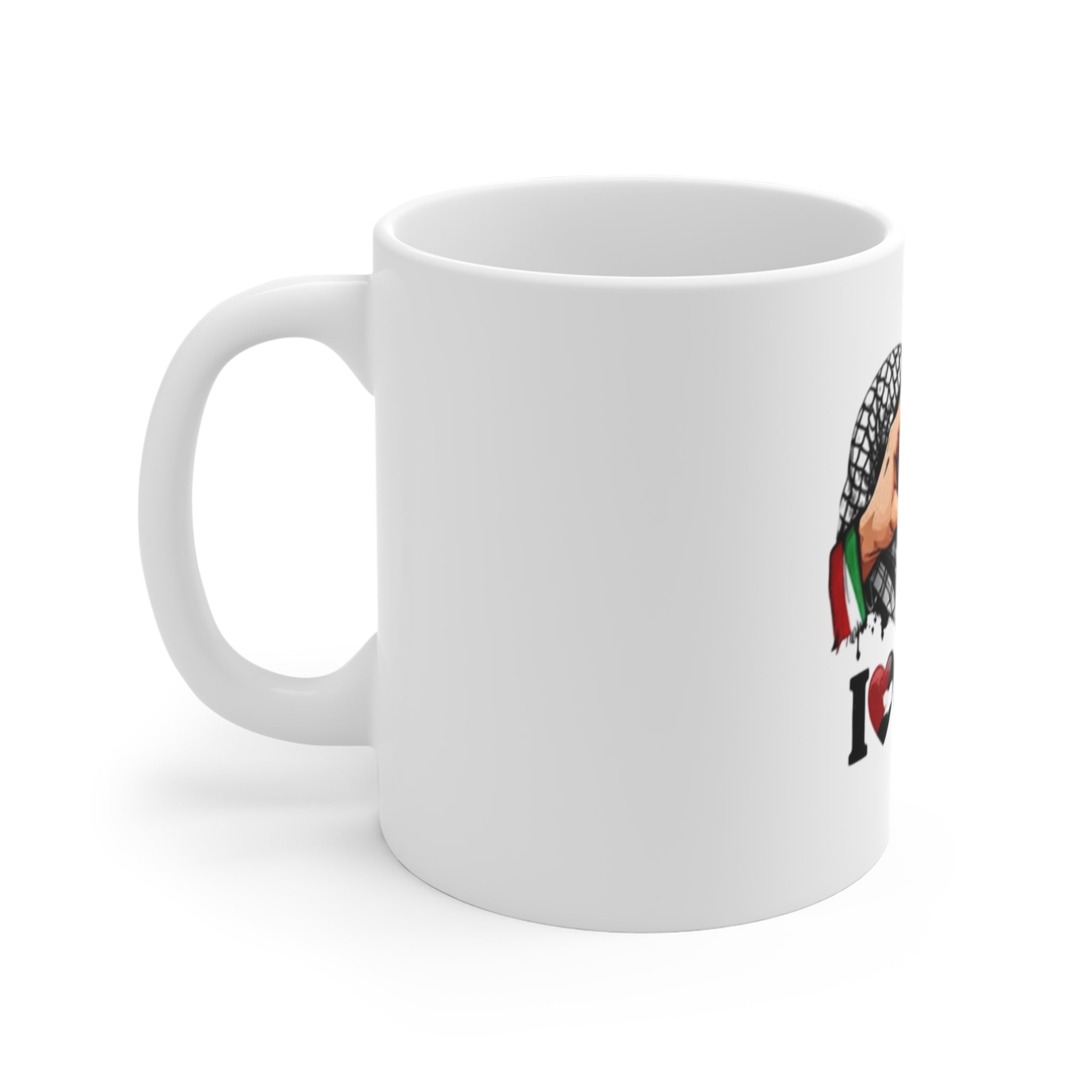 I Love Palestine Mug – 11oz Coffee Cup with Heart Hands & Palestinian Flag Design
